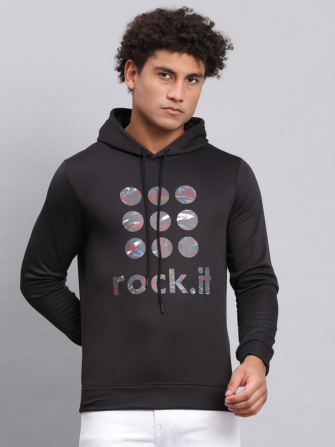 Men Black Printed Hooded Full Sleeve Sweatshirt