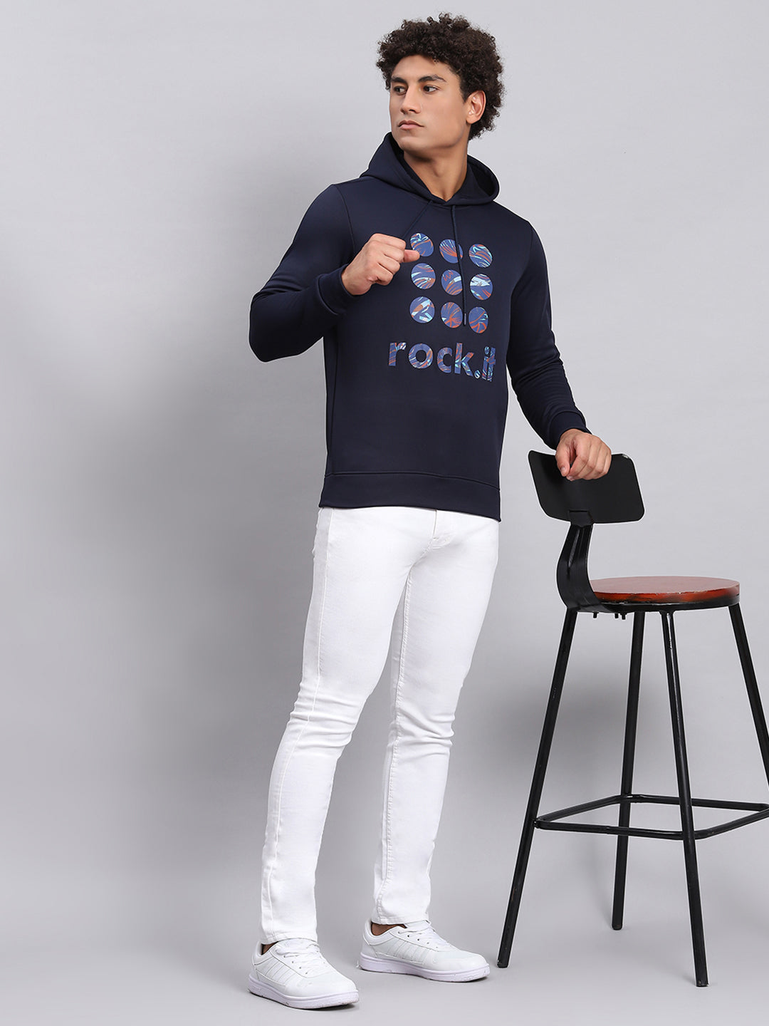 Men Navy Blue Printed Hooded Full Sleeve Sweatshirt