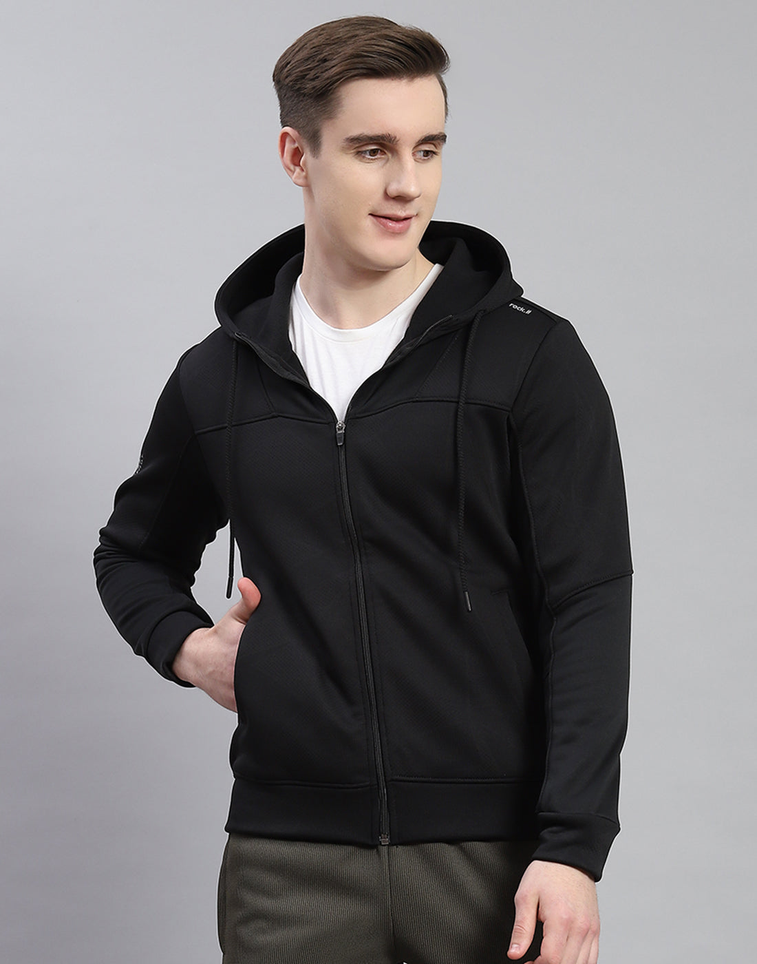 Men Black Self Design Hooded Full Sleeve Sweatshirt