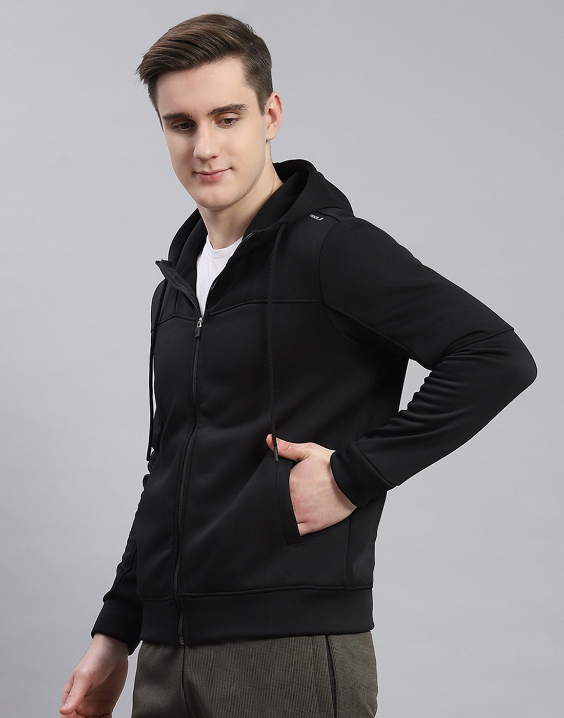 Men Black Self Design Hooded Full Sleeve Sweatshirt