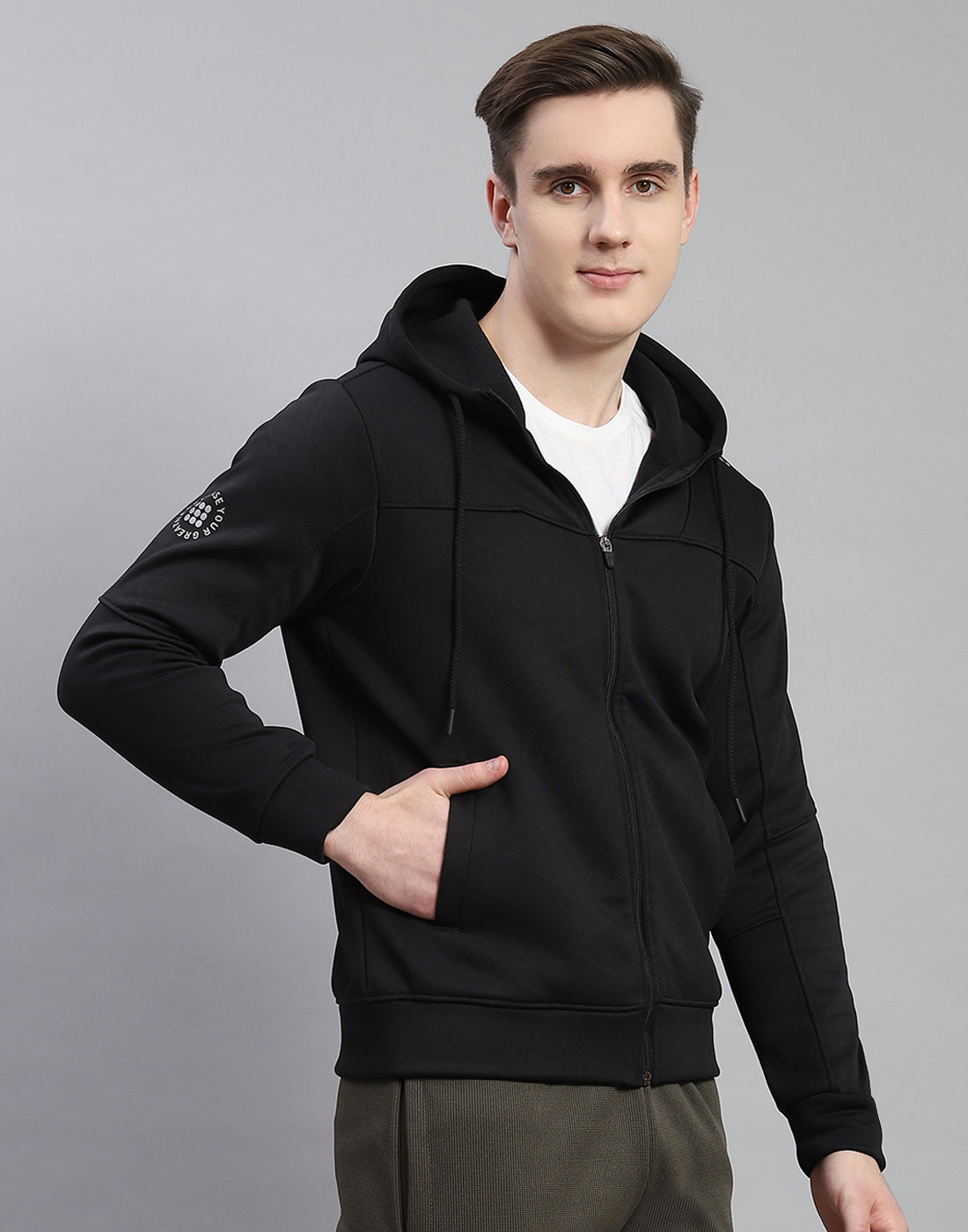 Men Black Self Design Hooded Full Sleeve Sweatshirt