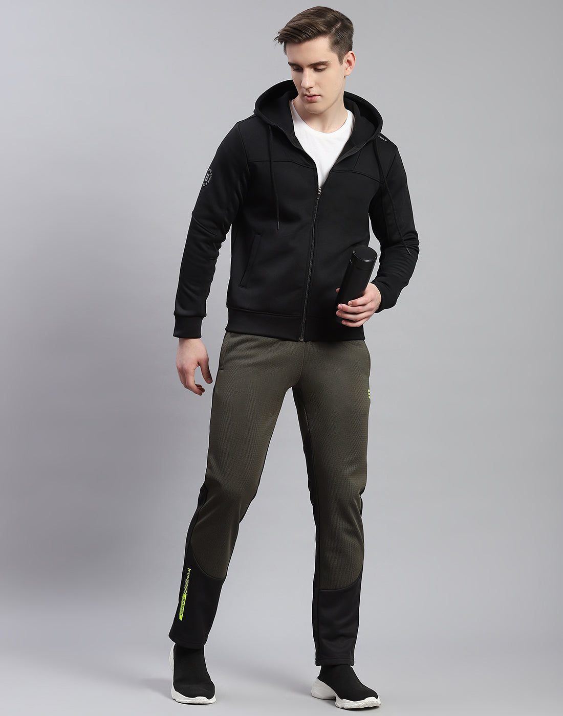 Men Black Self Design Hooded Full Sleeve Sweatshirt