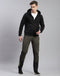 Men Black Self Design Hooded Full Sleeve Sweatshirt
