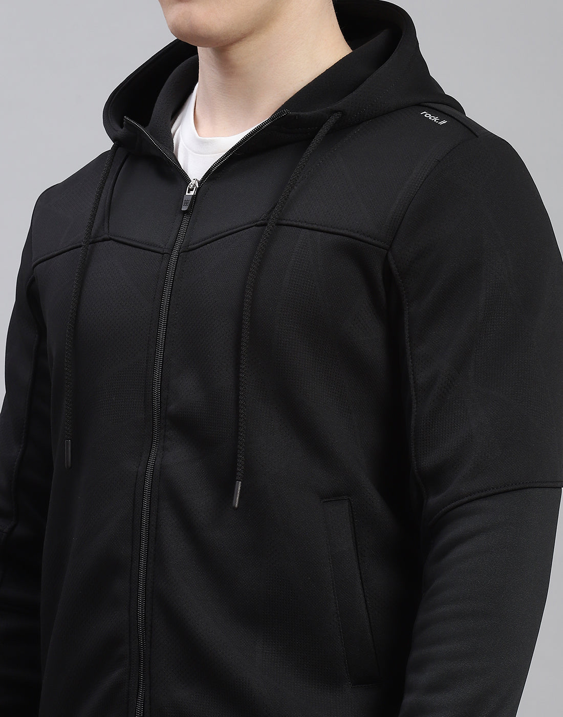 Men Black Self Design Hooded Full Sleeve Sweatshirt