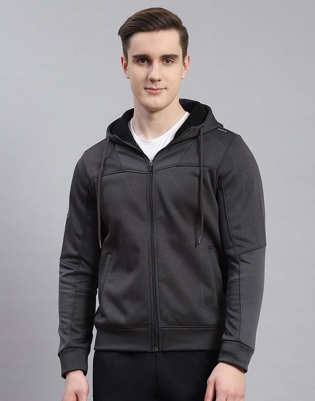 Men Grey Self Design Hooded Full Sleeve Sweatshirt