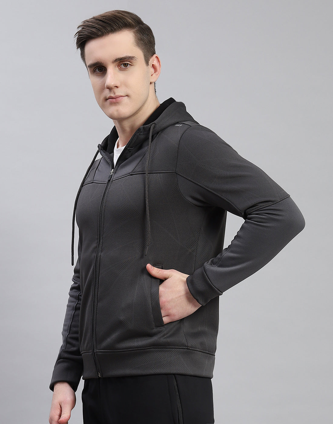 Men Grey Self Design Hooded Full Sleeve Sweatshirt