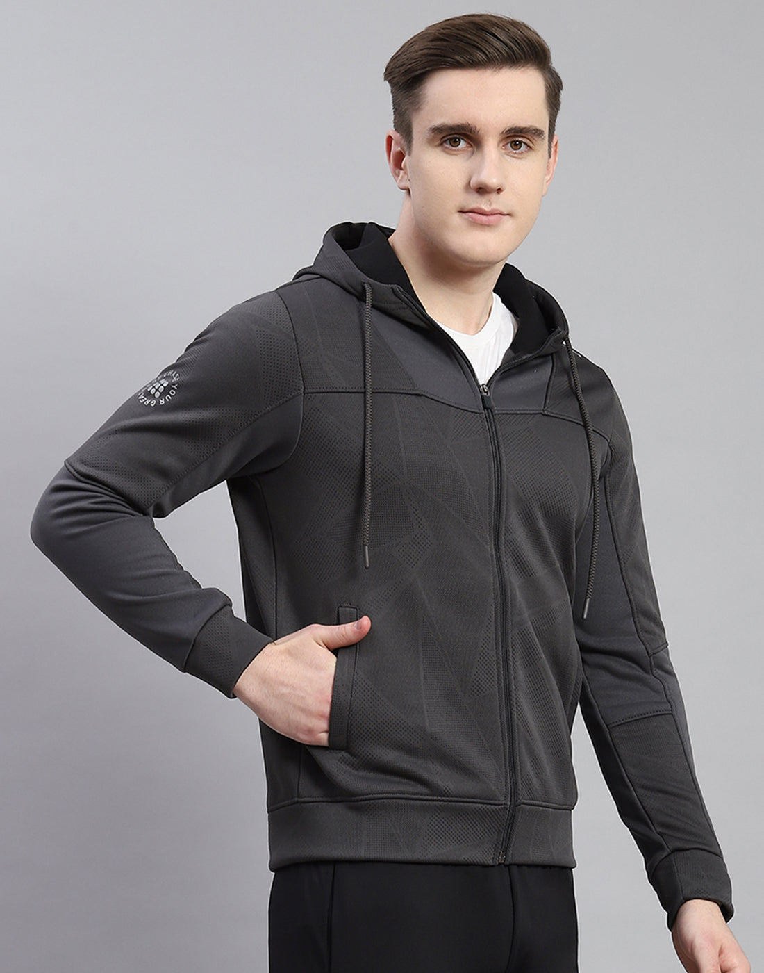 Men Grey Self Design Hooded Full Sleeve Sweatshirt