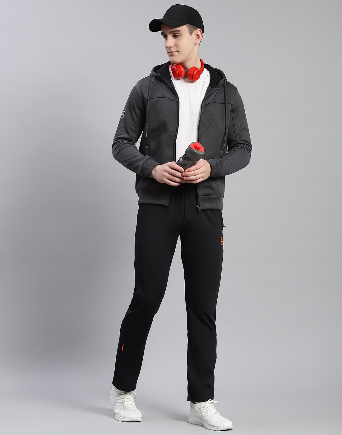 Men Grey Self Design Hooded Full Sleeve Sweatshirt