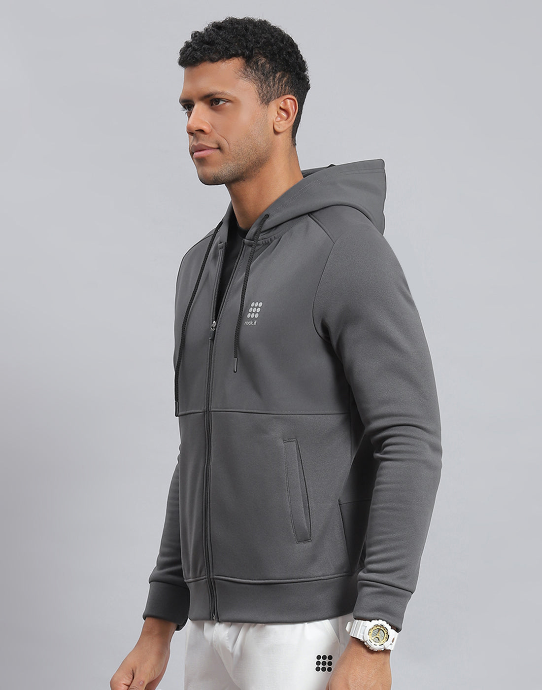 Men Grey Solid Hooded Full Sleeve Sweatshirt