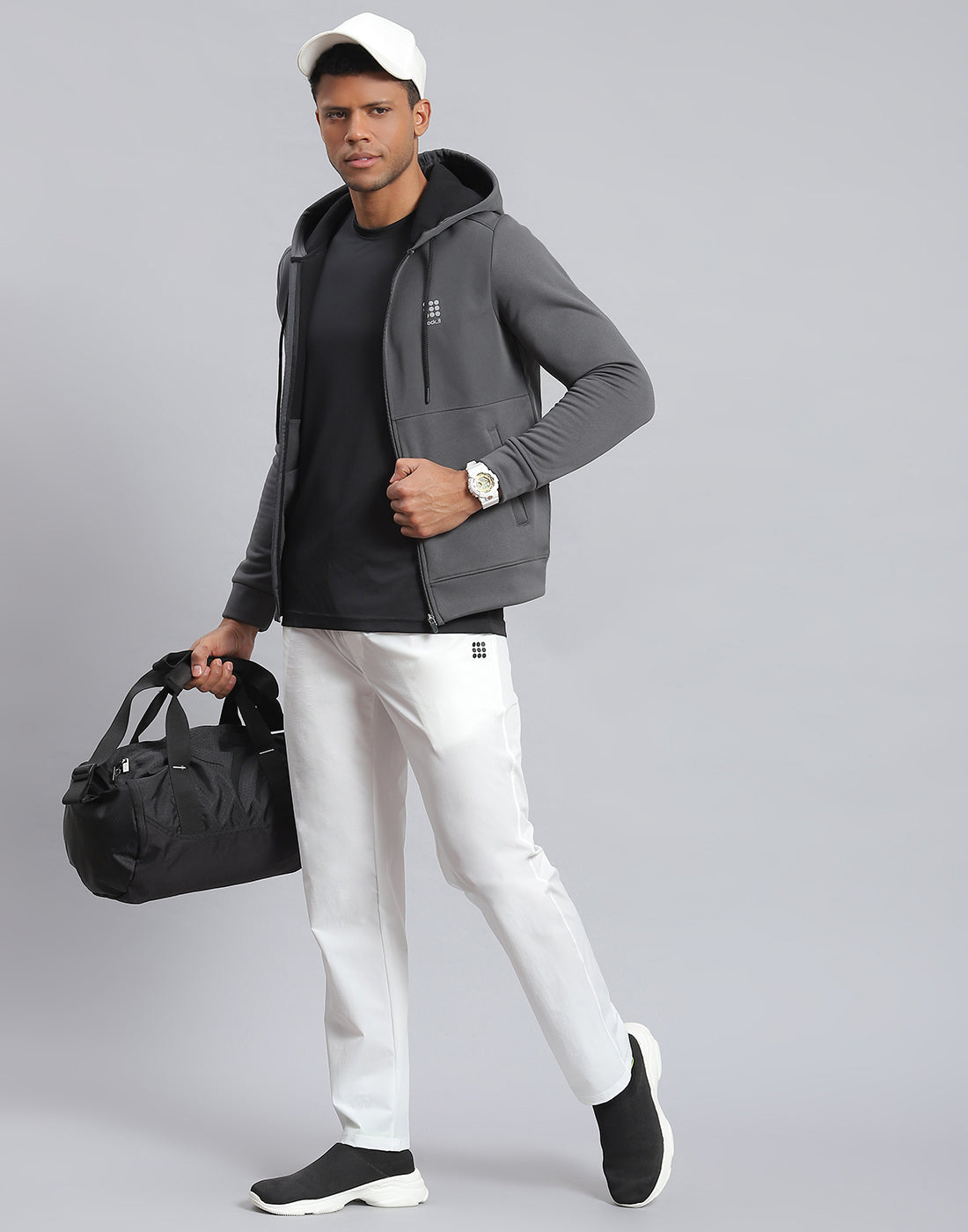 Men Grey Solid Hooded Full Sleeve Sweatshirt