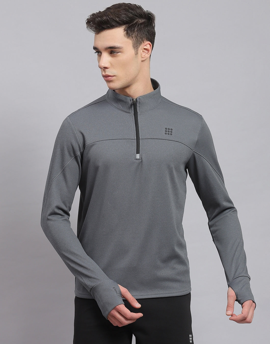 Men Grey Solid Stand Collar Full Sleeve Sweatshirt