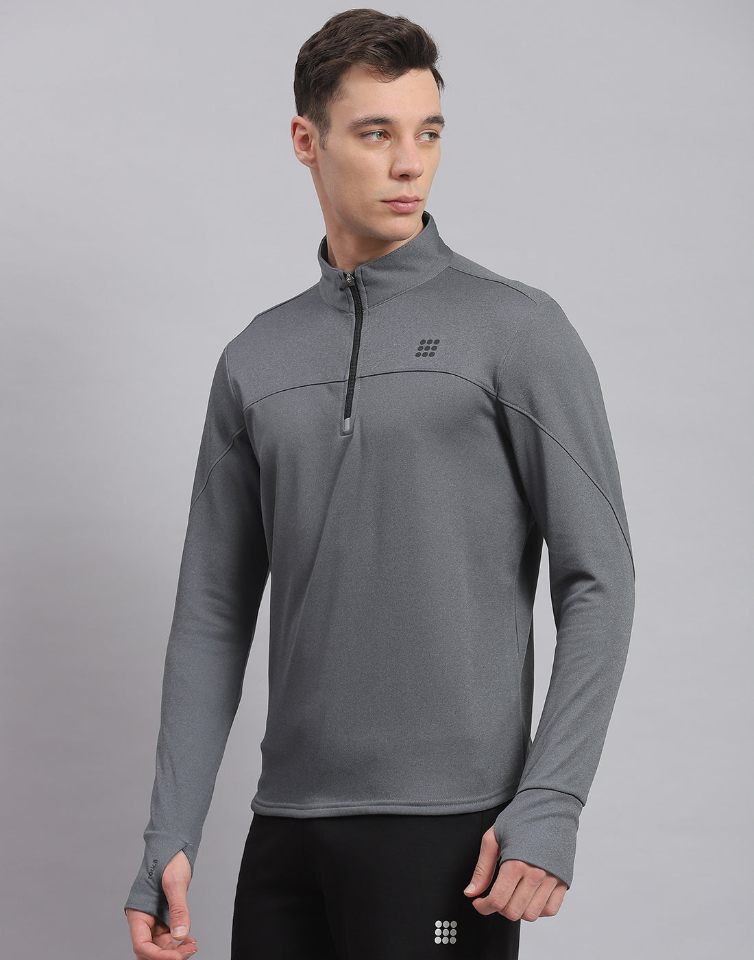 Men Grey Solid Stand Collar Full Sleeve Sweatshirt