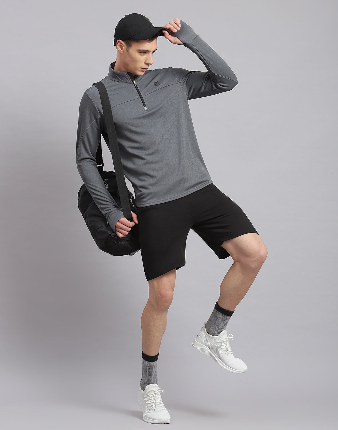 Men Grey Solid Stand Collar Full Sleeve Sweatshirt
