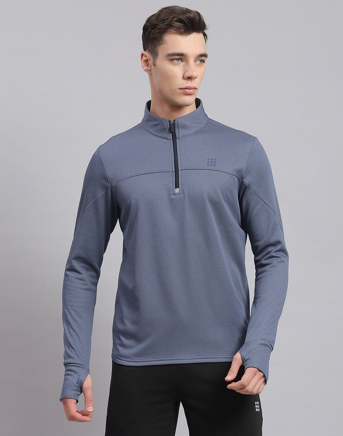 Men Blue Solid Stand Collar Full Sleeve Sweatshirt
