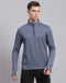 Men Blue Solid Stand Collar Full Sleeve Sweatshirt