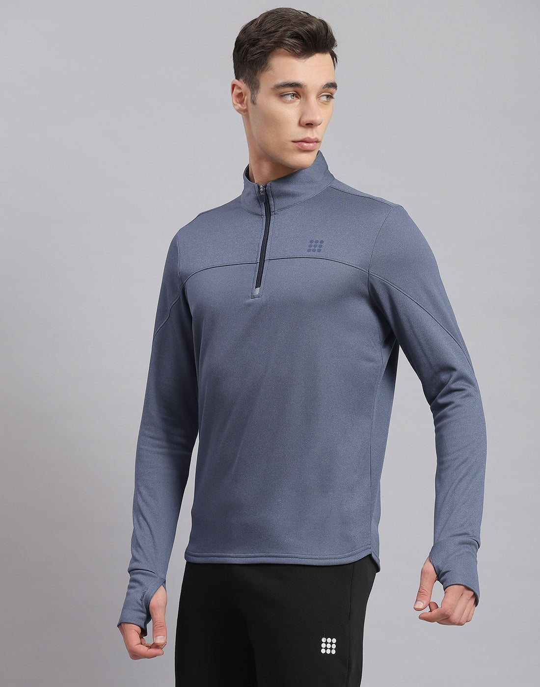 Men Blue Solid Stand Collar Full Sleeve Sweatshirt