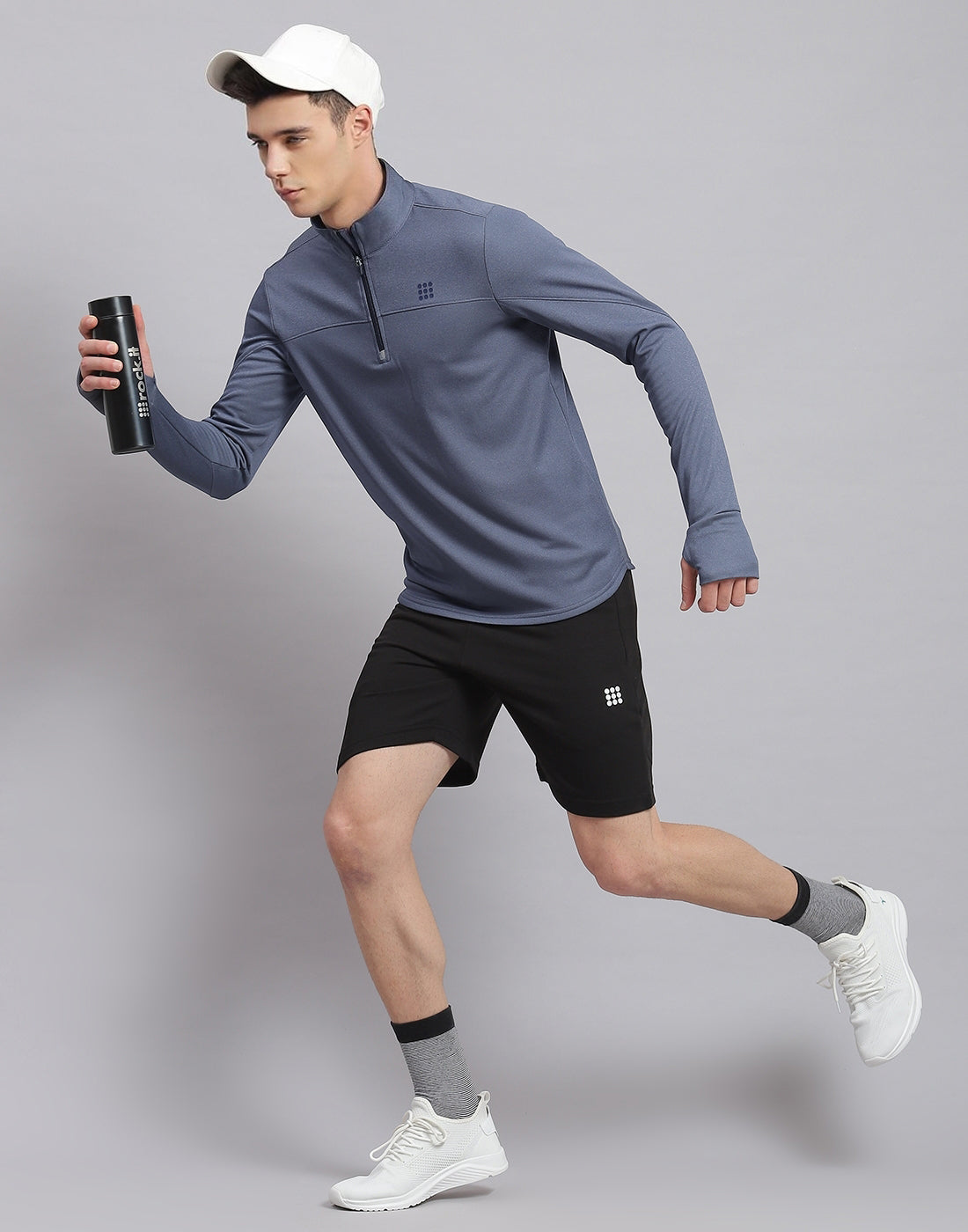 Men Blue Solid Stand Collar Full Sleeve Sweatshirt