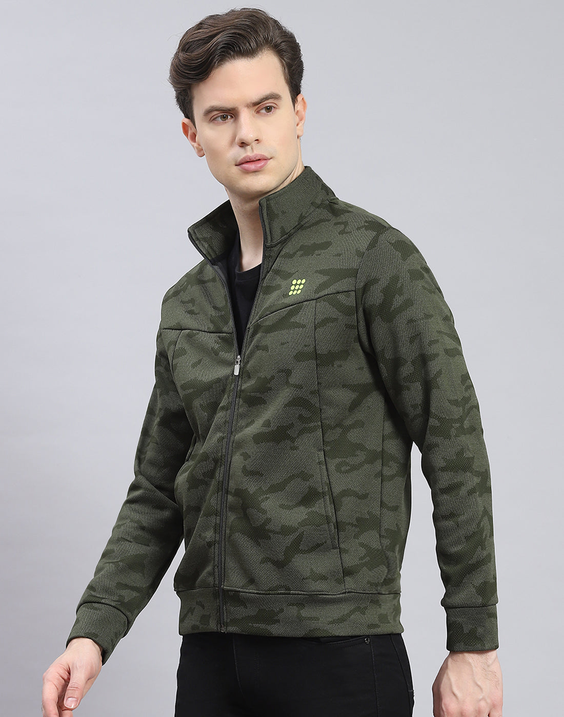 Men Olive Printed Stand Collar Full Sleeve Sweatshirt