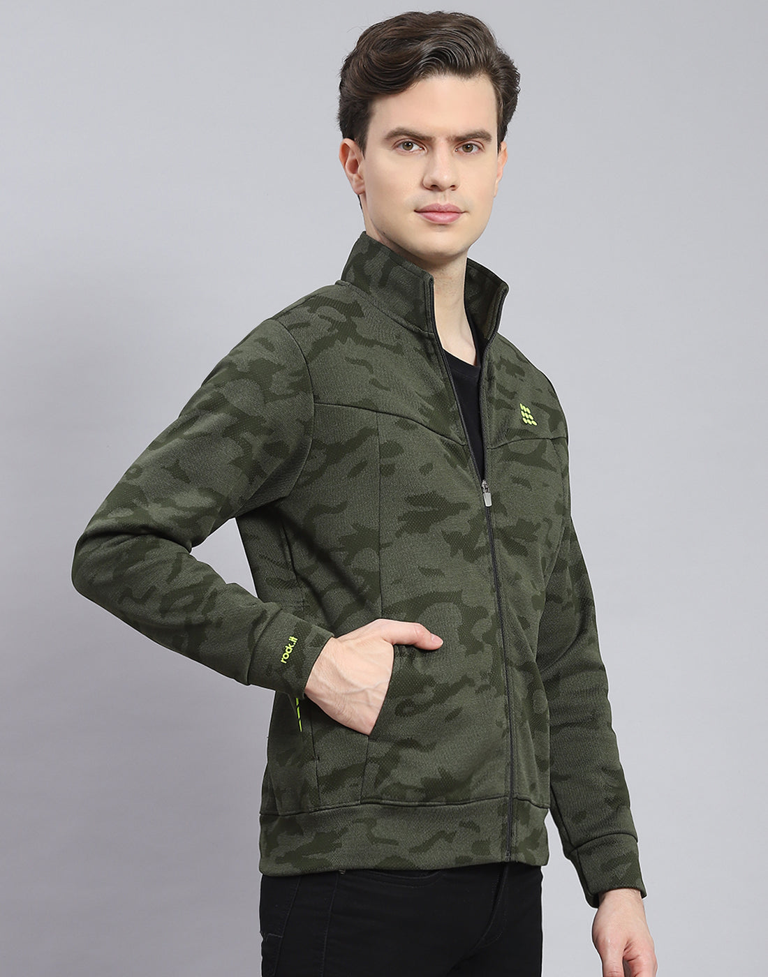 Men Olive Printed Stand Collar Full Sleeve Sweatshirt