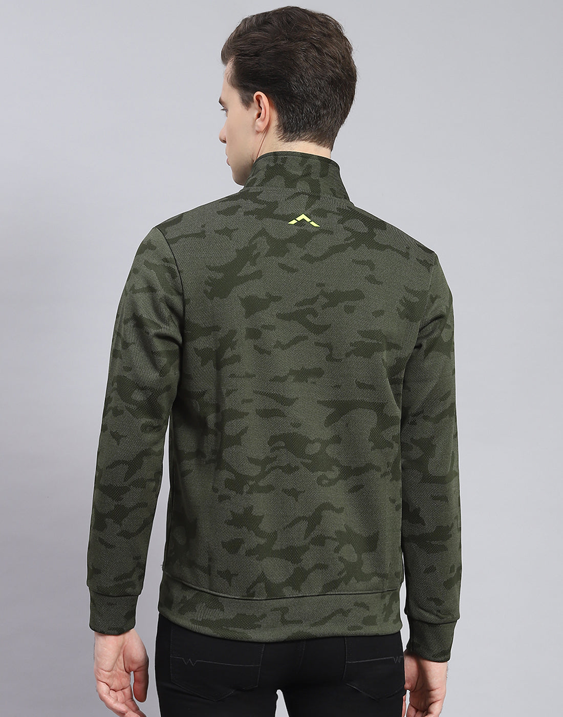 Men Olive Printed Stand Collar Full Sleeve Sweatshirt
