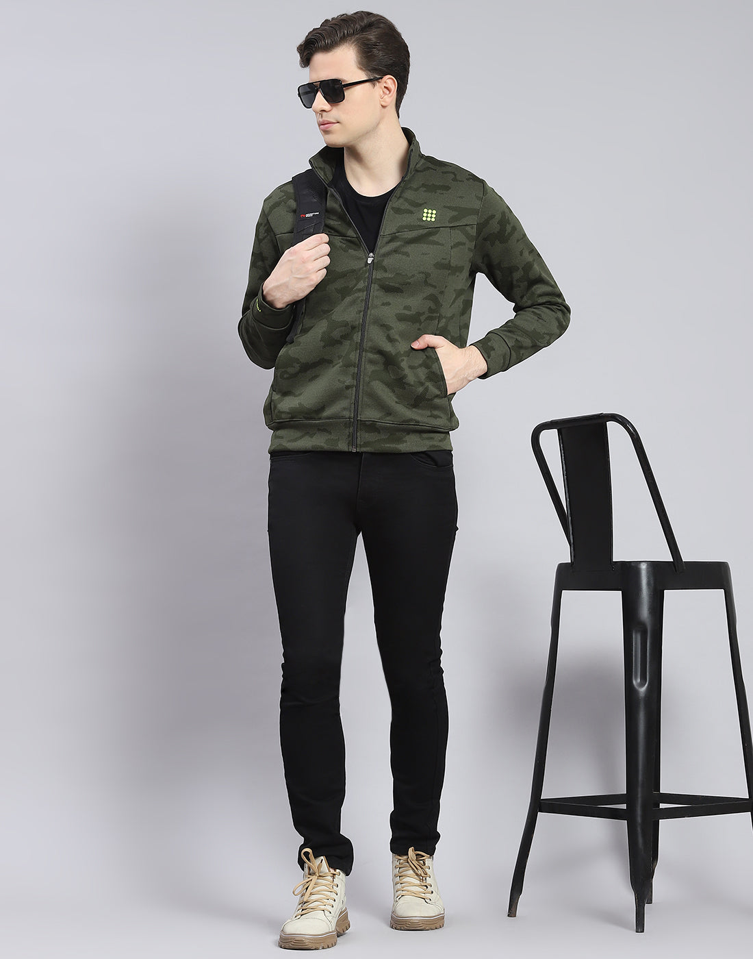 Men Olive Printed Stand Collar Full Sleeve Sweatshirt
