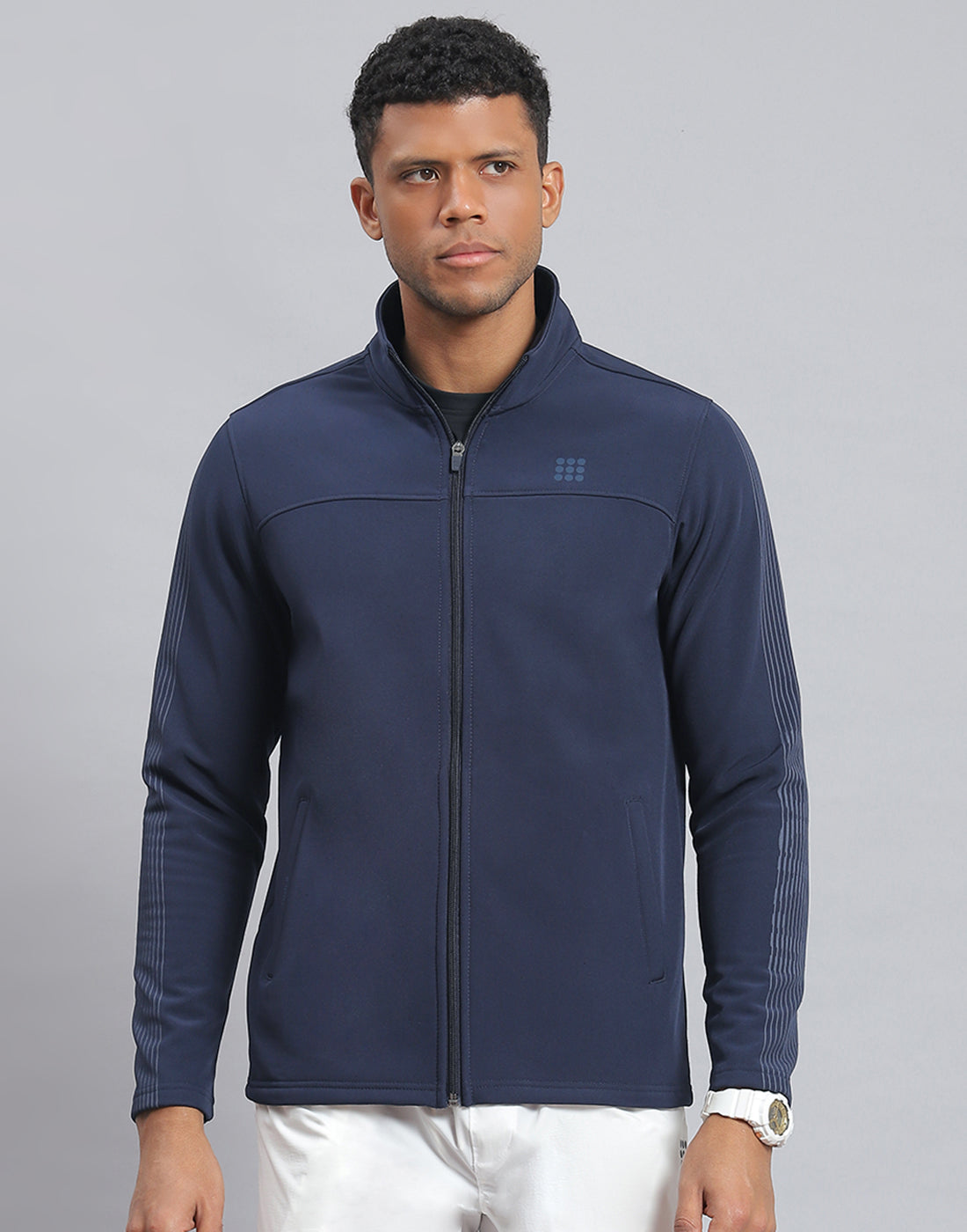 Men Navy Blue Printed Stand Collar Full Sleeve Sweatshirt