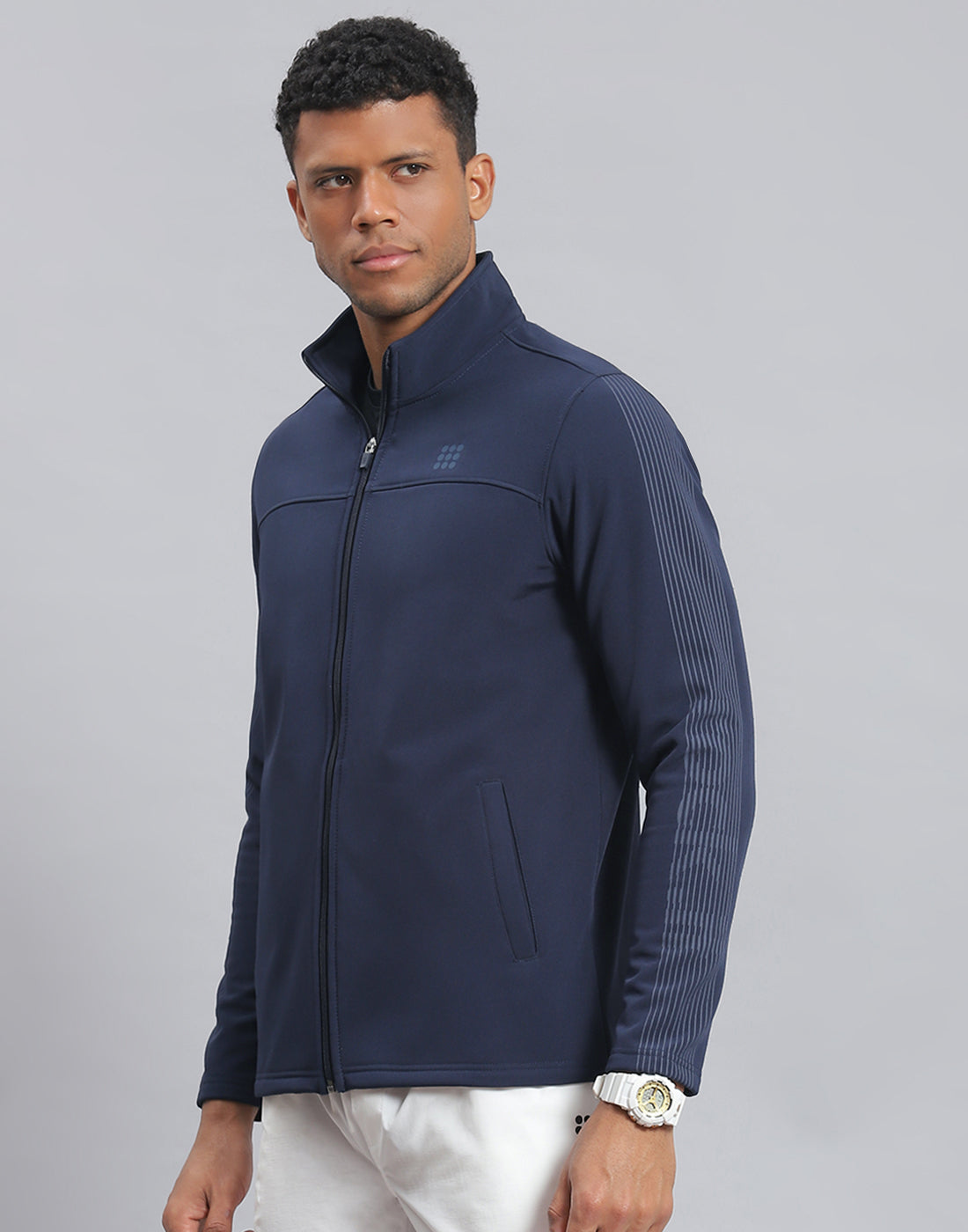 Men Navy Blue Printed Stand Collar Full Sleeve Sweatshirt