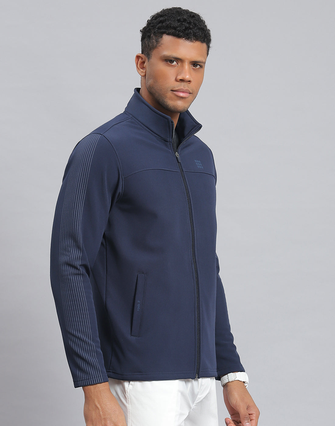 Men Navy Blue Printed Stand Collar Full Sleeve Sweatshirt