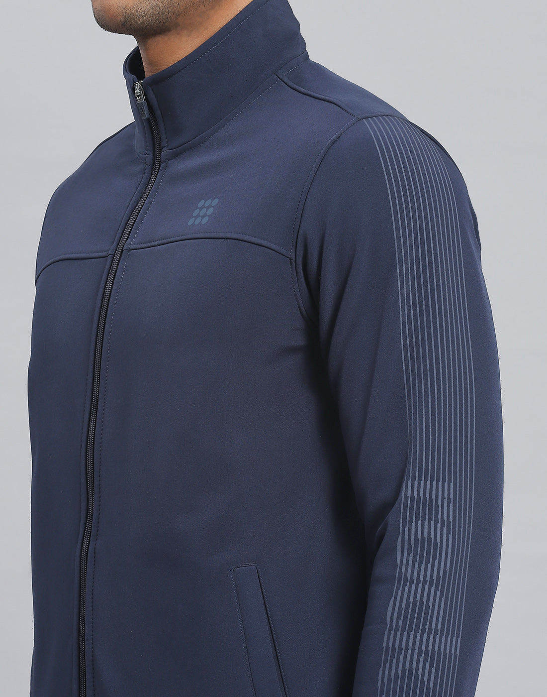 Men Navy Blue Printed Stand Collar Full Sleeve Sweatshirt