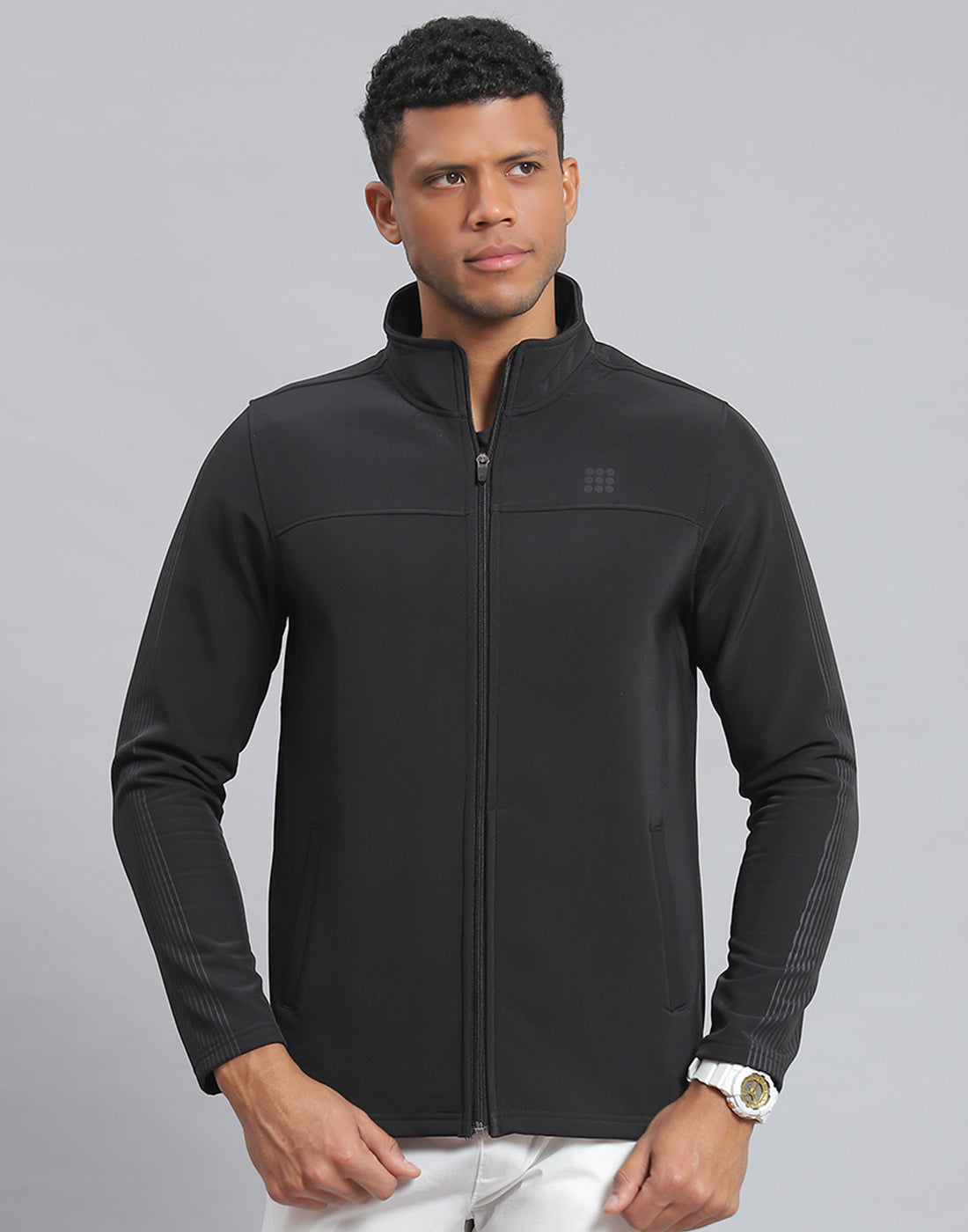 Men Black Printed Stand Collar Full Sleeve Sweatshirt