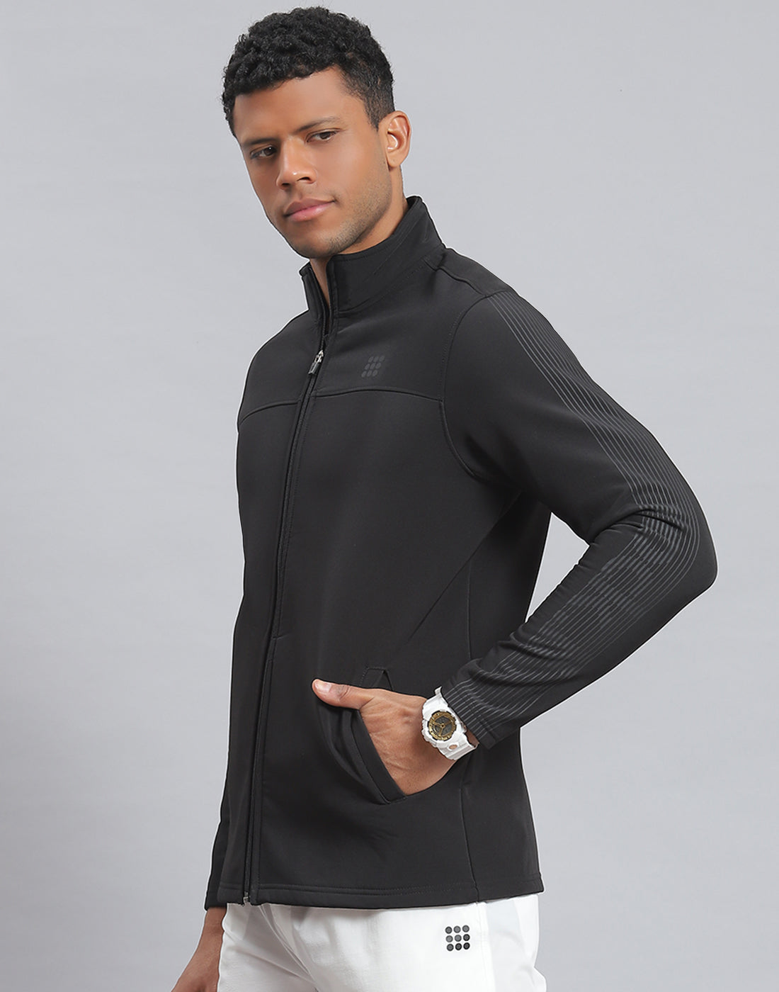 Men Black Printed Stand Collar Full Sleeve Sweatshirt