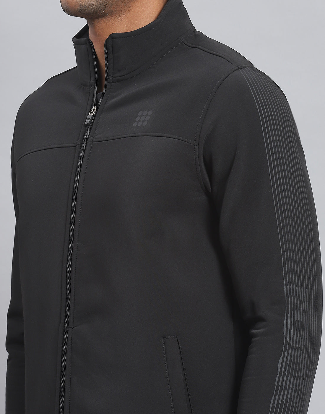 Men Black Printed Stand Collar Full Sleeve Sweatshirt