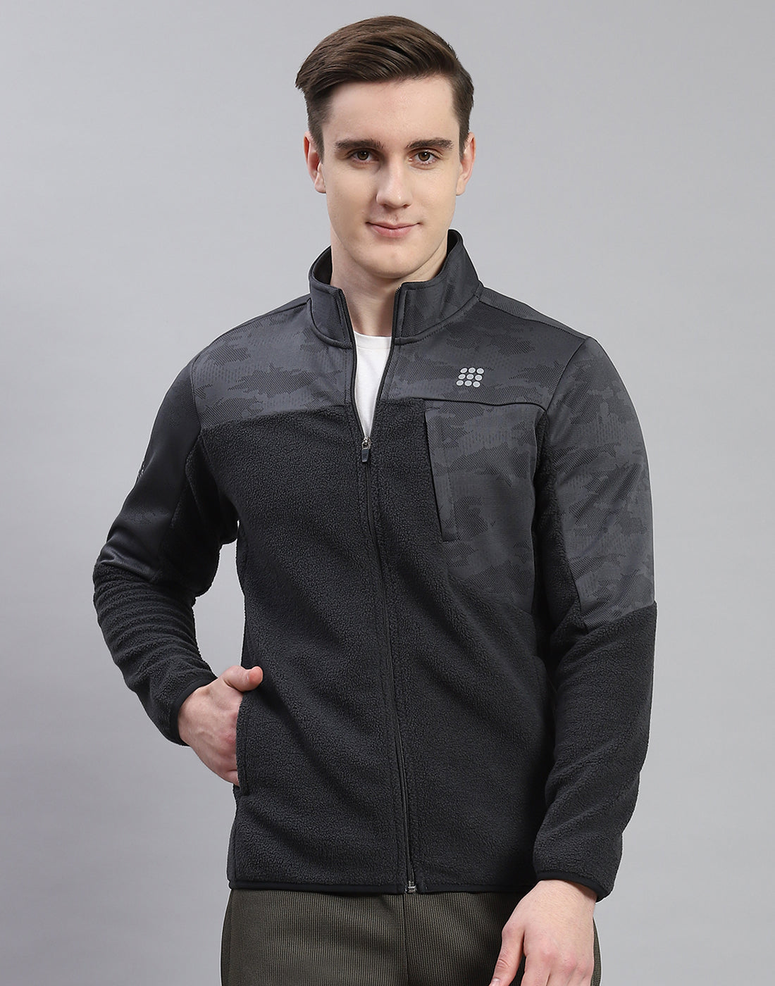 Men Grey Self Design Stand Collar Full Sleeve Sweatshirt