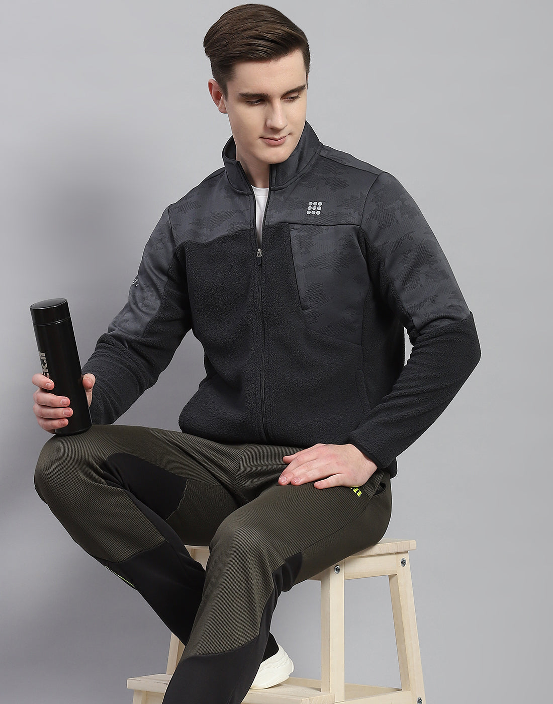 Men Grey Self Design Stand Collar Full Sleeve Sweatshirt