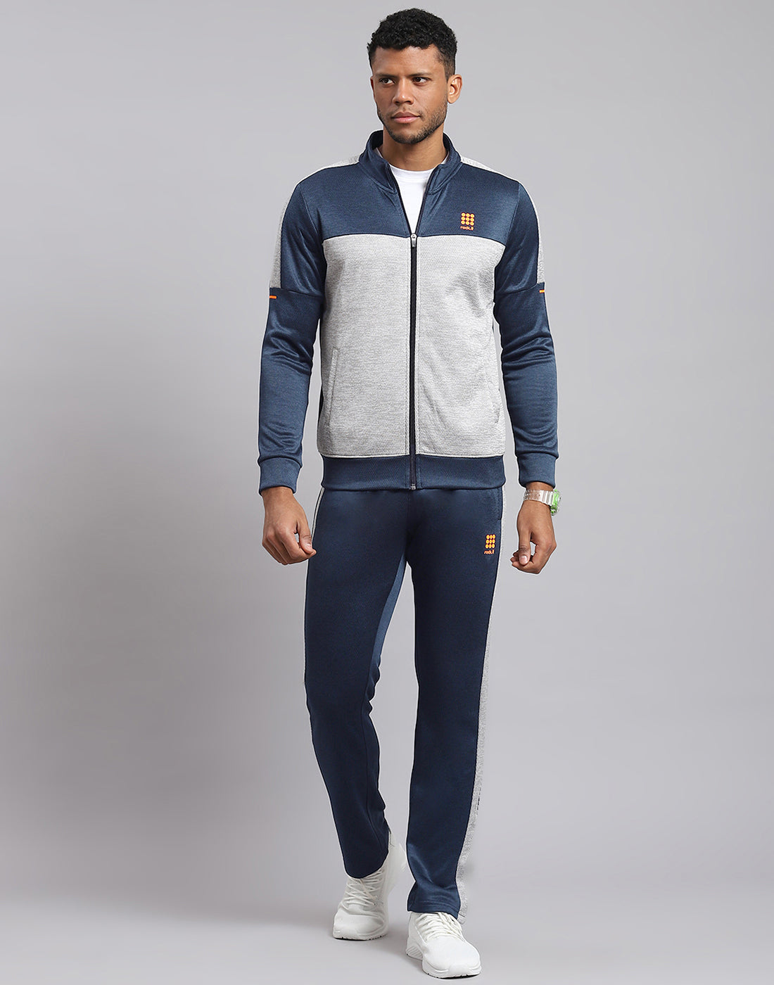 Men Navy Blue Solid Stand Collar Full Sleeve Tracksuit