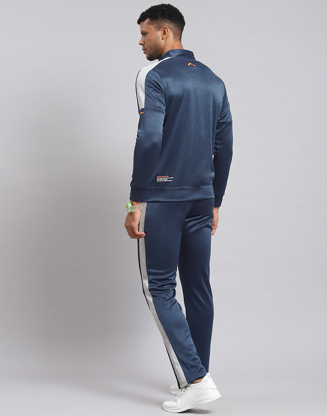 Men Navy Blue Solid Stand Collar Full Sleeve Tracksuit