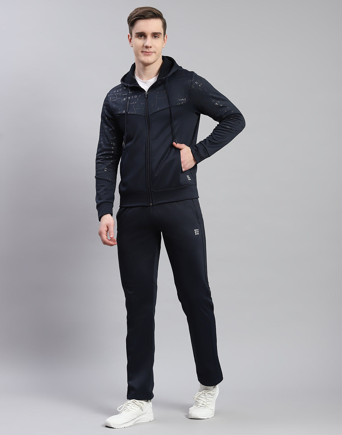 Men Navy Blue Printed Hooded Full Sleeve Tracksuit