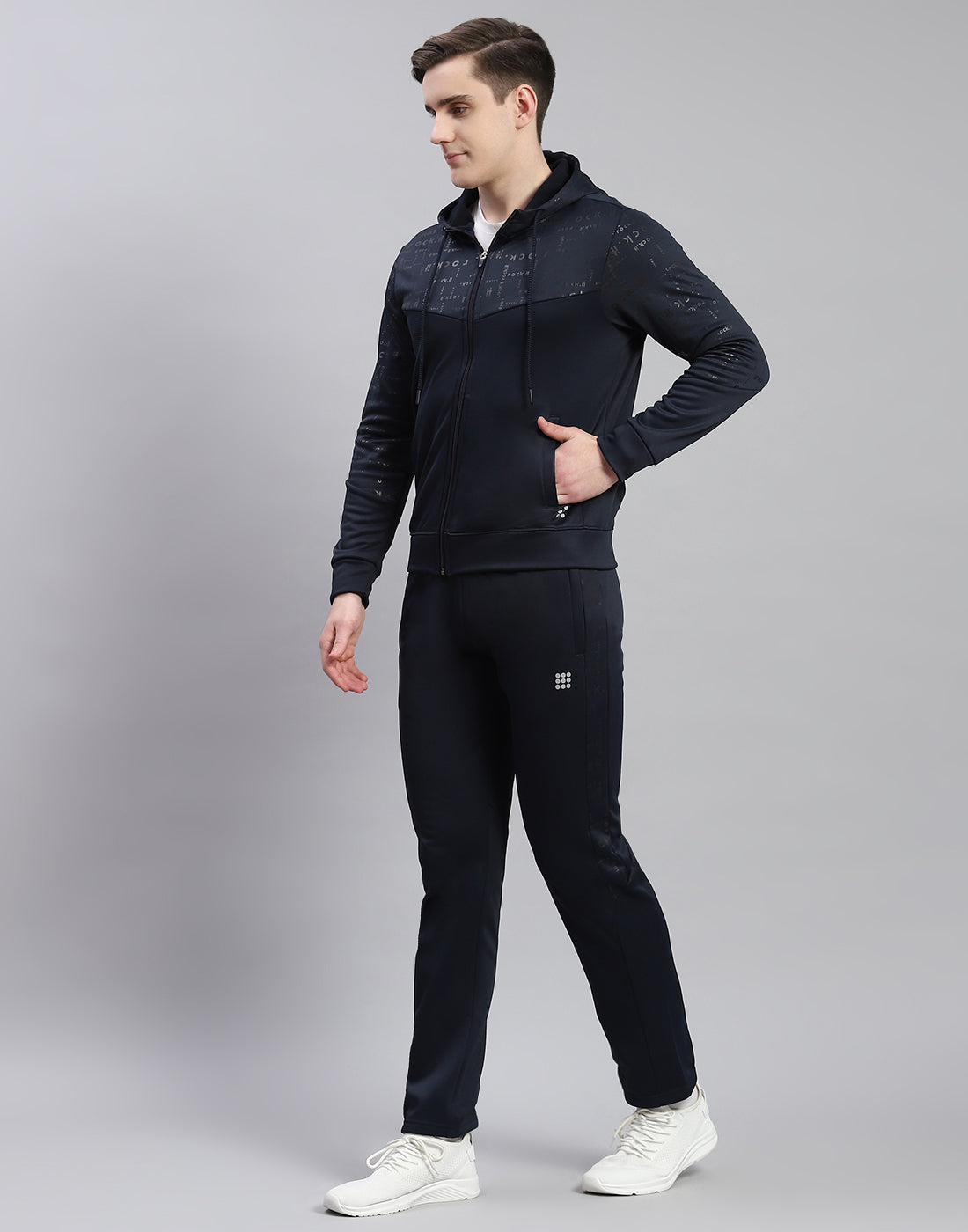 Men Navy Blue Printed Hooded Full Sleeve Tracksuit