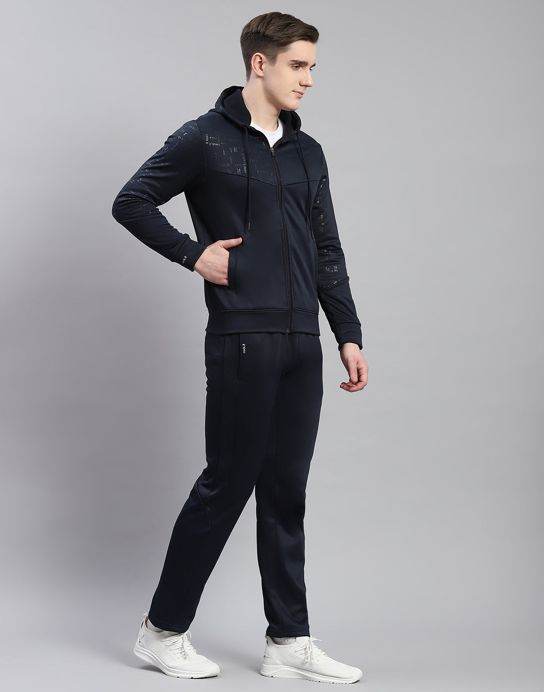 Men Navy Blue Printed Hooded Full Sleeve Tracksuit