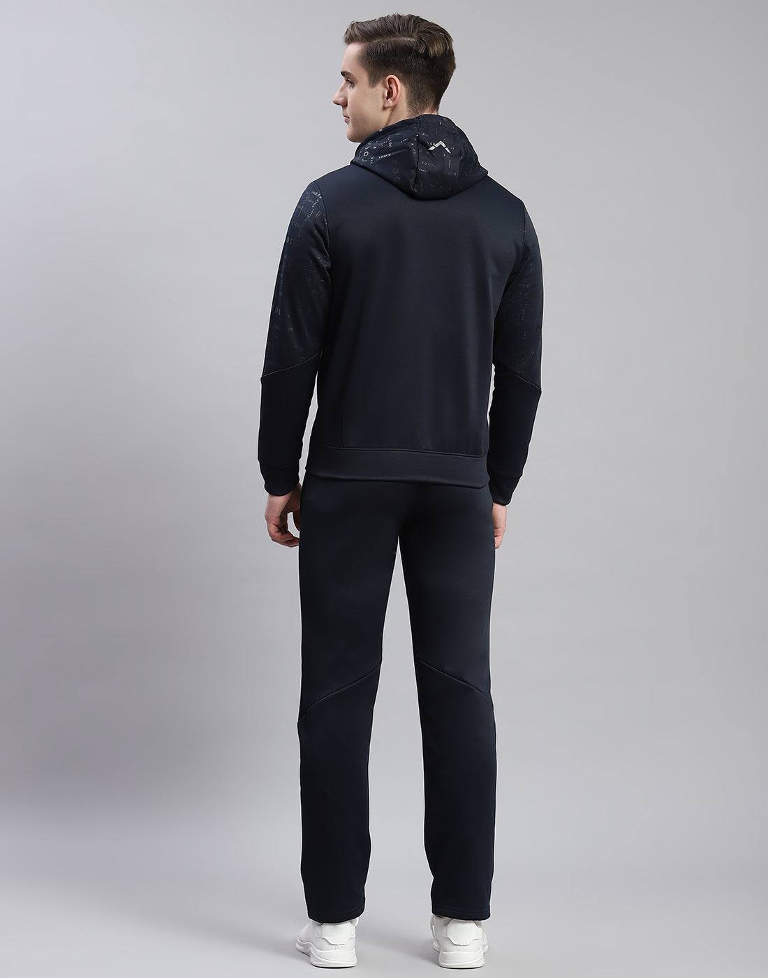 Men Navy Blue Printed Hooded Full Sleeve Tracksuit