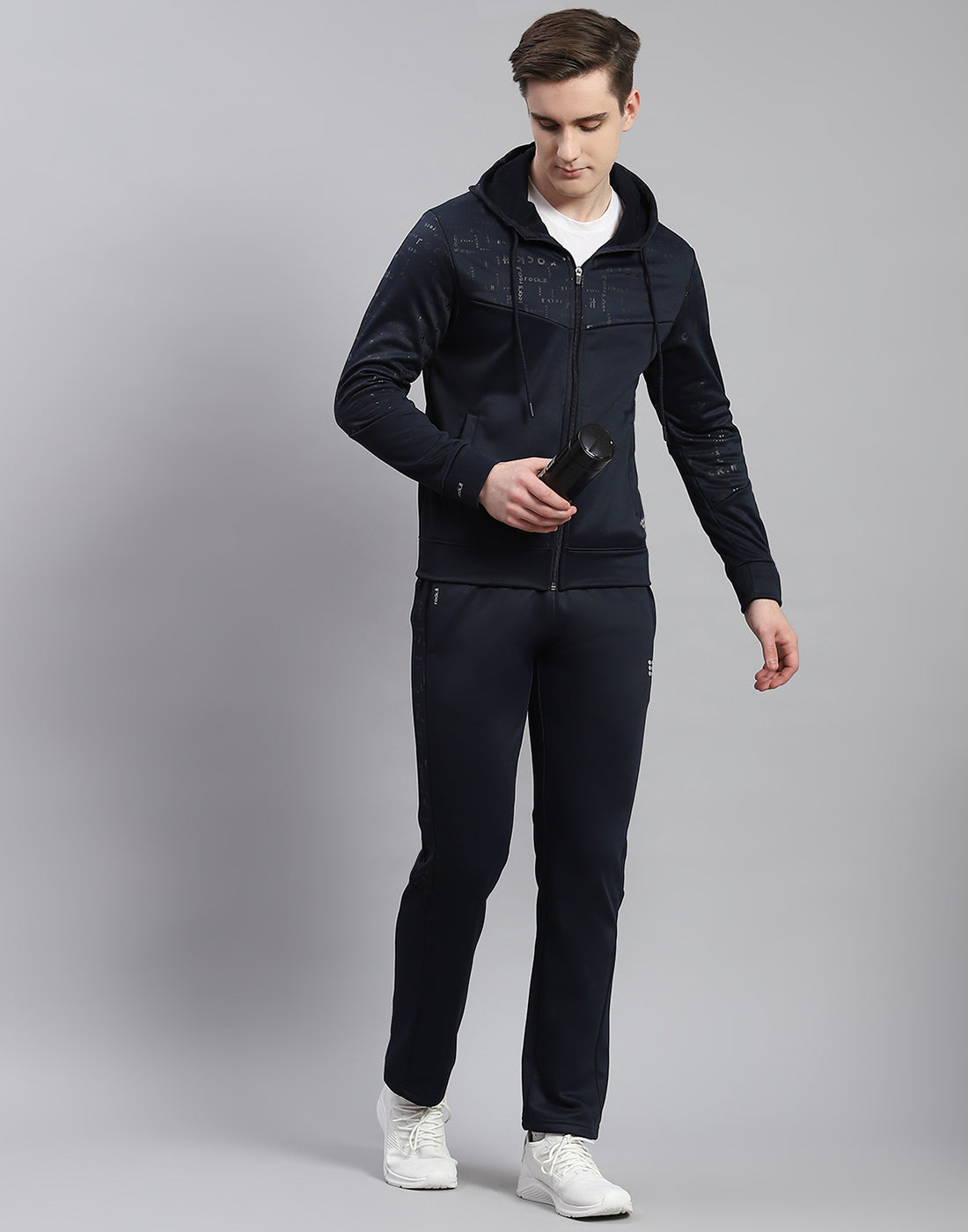 Men Navy Blue Printed Hooded Full Sleeve Tracksuit