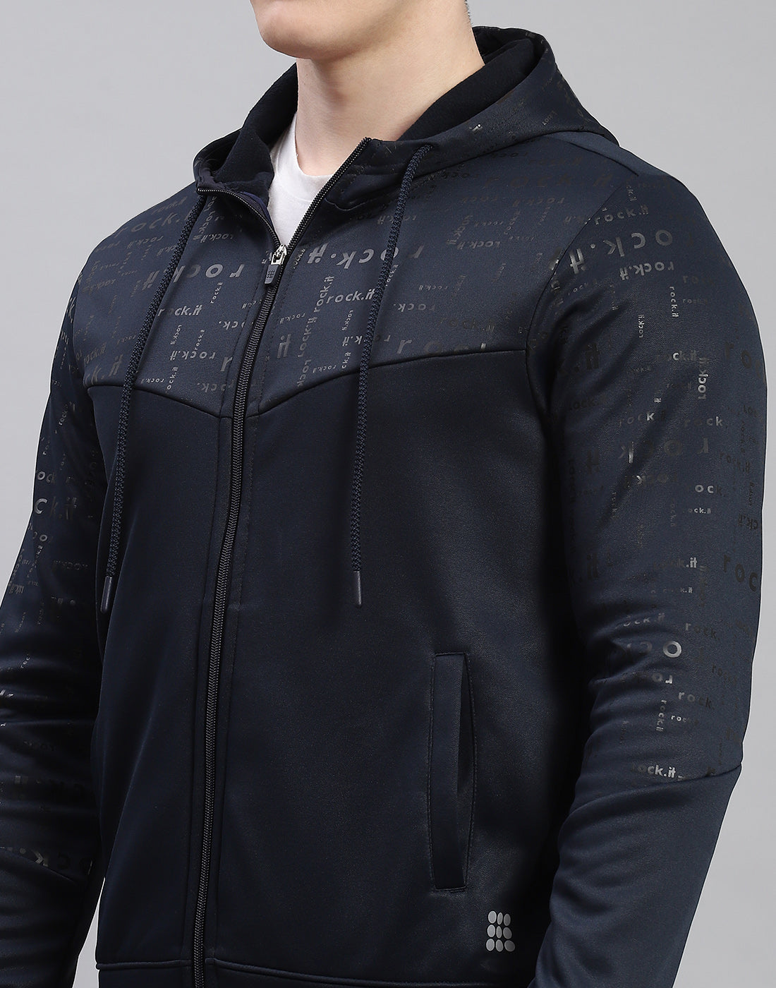 Men Navy Blue Printed Hooded Full Sleeve Tracksuit