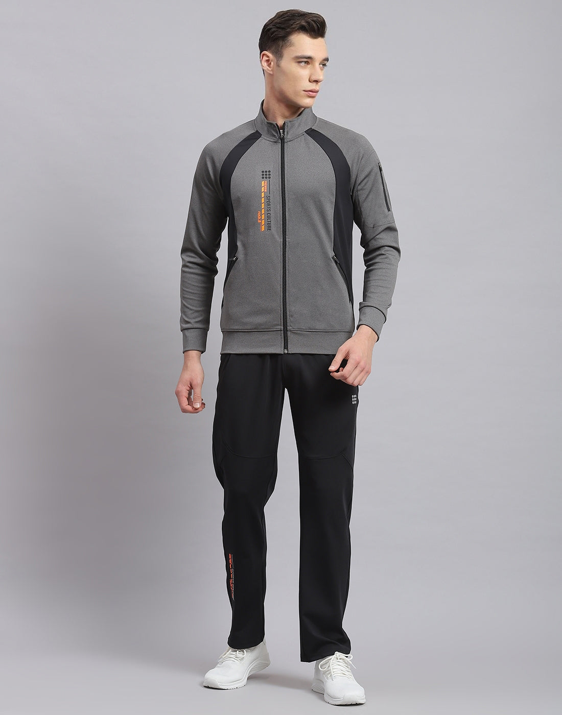 Men Grey Solid Stand Collar Full Sleeve Tracksuit