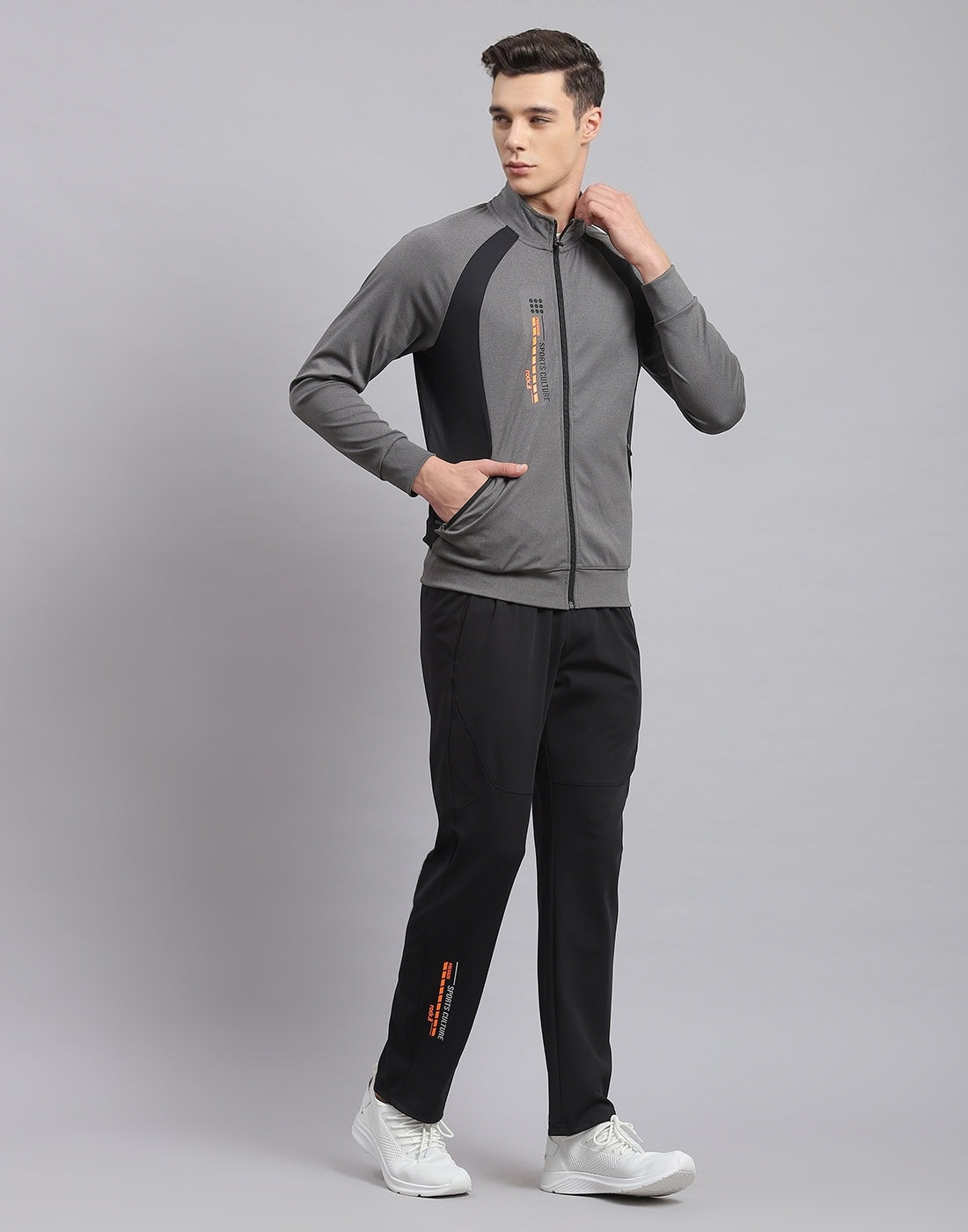 Men Grey Solid Stand Collar Full Sleeve Tracksuit