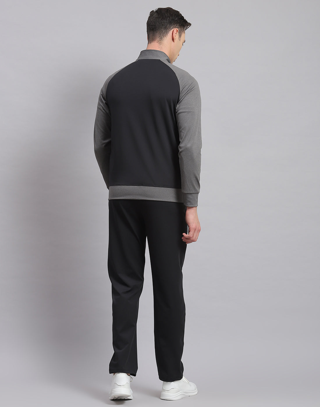 Men Grey Solid Stand Collar Full Sleeve Tracksuit