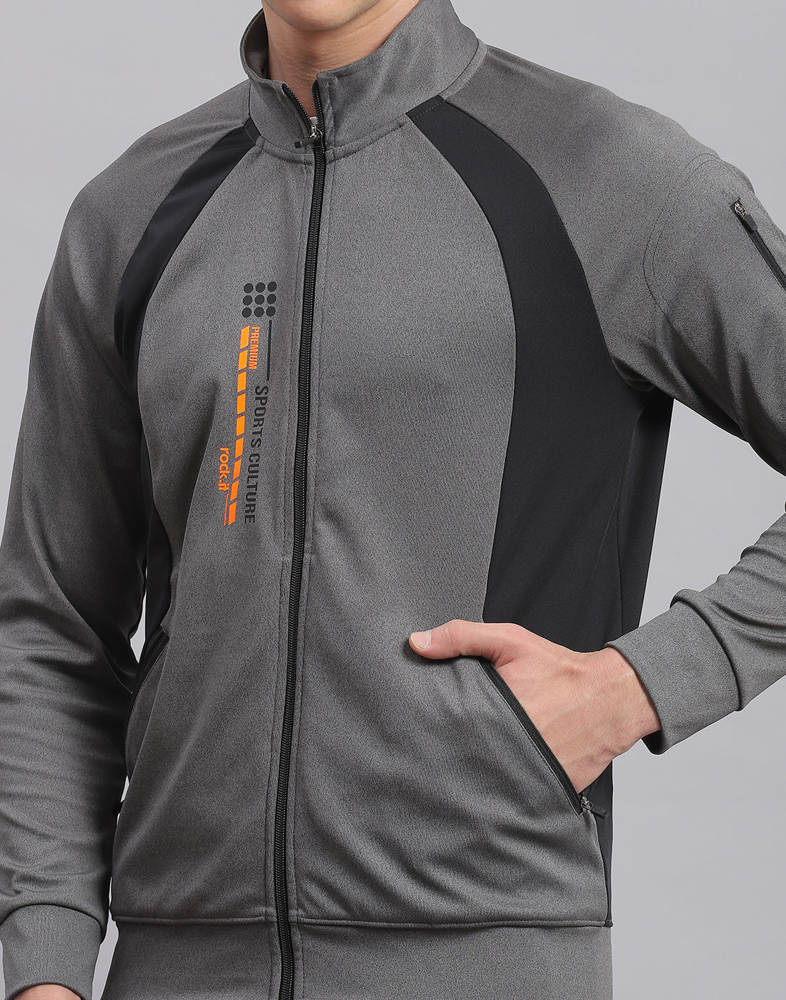 Men Grey Solid Stand Collar Full Sleeve Tracksuit