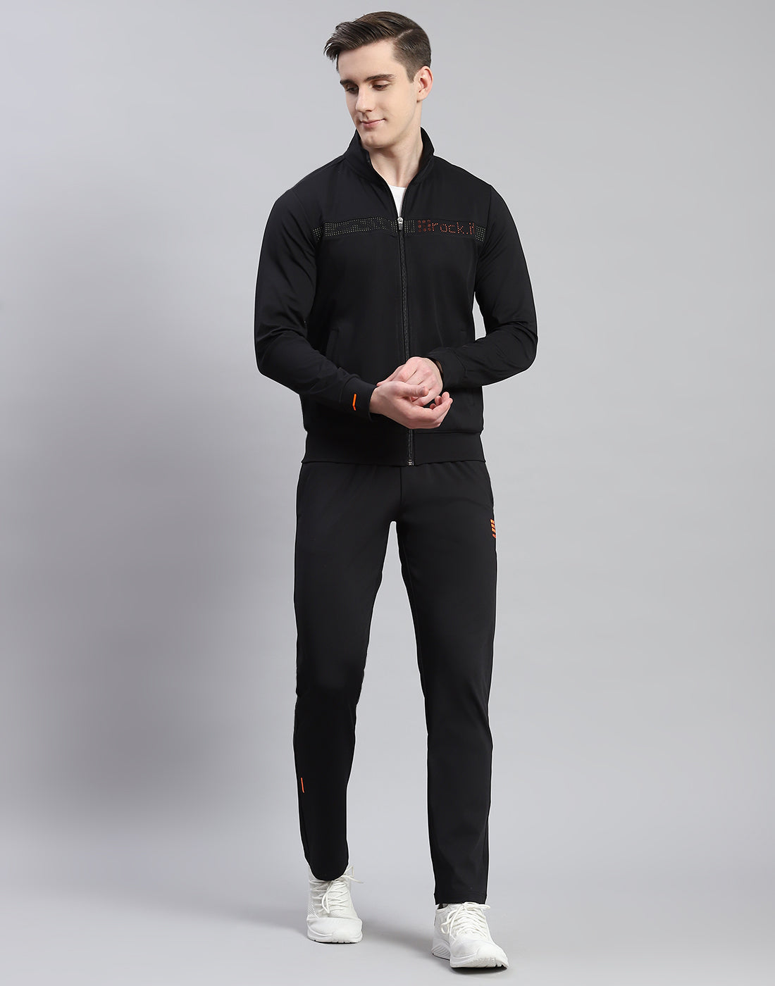 Men Black Solid Stand Collar Full Sleeve Tracksuit