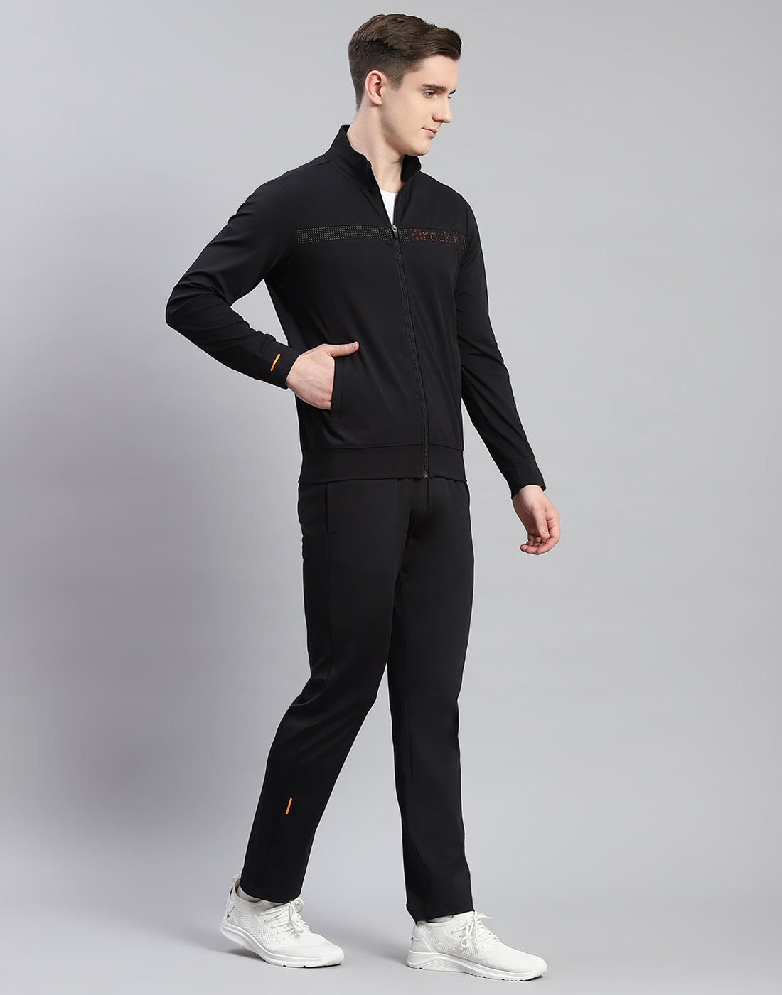Men Black Solid Stand Collar Full Sleeve Tracksuit