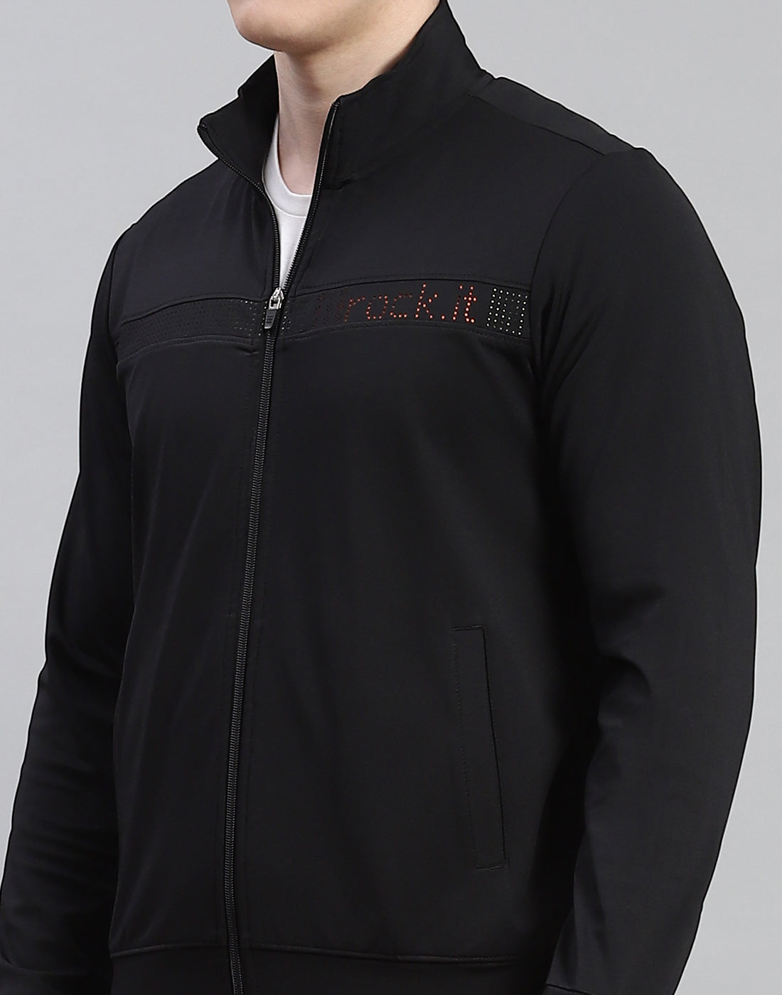 Men Black Solid Stand Collar Full Sleeve Tracksuit