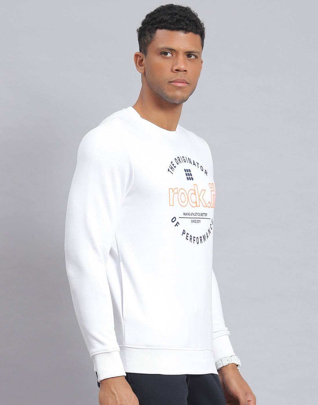 Men White Solid Round Neck Full Sleeve Sweatshirt